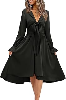 KILIG Women's Satin Sexy V Neck Tie Front Long Sleeve Fall Flowy Ruffle A-Line Swing Cocktail Dresses 2022
