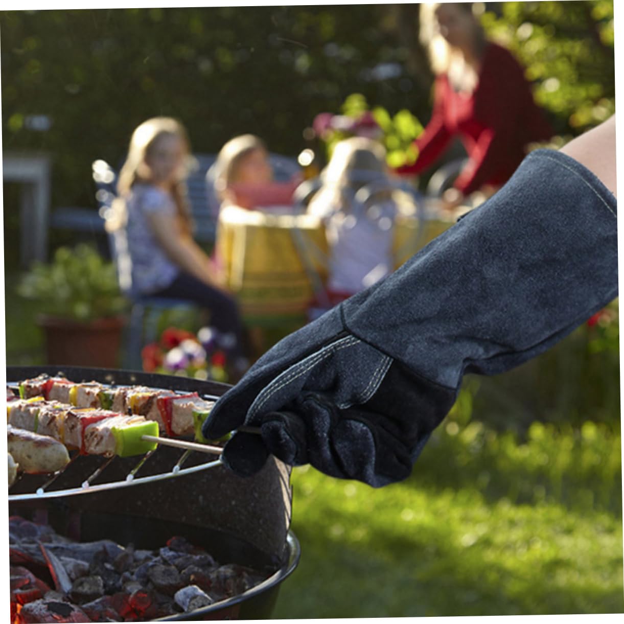 Guanti per Barbecue 1 Paio in Cuoio Nero Resistenti al Calore | Facili da Indossare e Togliere, Uso Bbq e Saldatura, Protezione Ignifuga