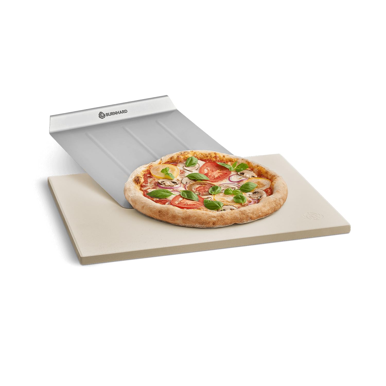 BURNHARD® Pizzastein und Pizzaschaufel für Backofen, Gasgrill & Holzkohlegrill aus Cordierit und Edelstahl für Brot, Flammkuchen & Pizza, rechteckig - 38 x 30 x 1,5 cm
