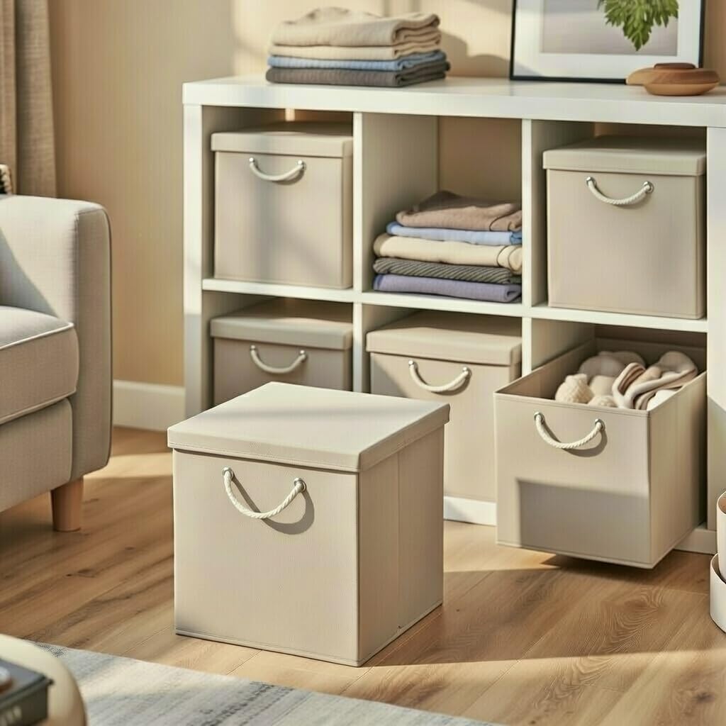 CM3 5 Stück Creme Faltbox 30 x 30 x 30 cm Aufbewahrungsbox faltbar mit Kordel und mit Deckel