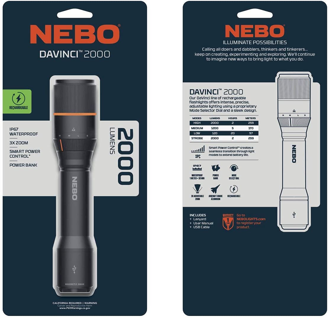 NEBO Davinci NEB-FLT-0020-G Linterna recargable LED negra 2000 lúmenes | Batería 18650 con batería externa - NEB-FLT-0020-G - Gris | 4 modos hasta 2000 lm y 259 m, autonomía hasta 20 h, zoom 3x, base magnética, IP67, batería 18650 y función Power Bank.