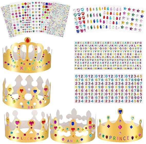 25PCS Paper Crown Party Hats - Golden Crown Crafts with 1500 Self-Adhesive Jewels Crystal Stickers & 780 Numbers Stickers Princess Prince Crowns for Kids Adults Birthday Celebrate Party Decorations
