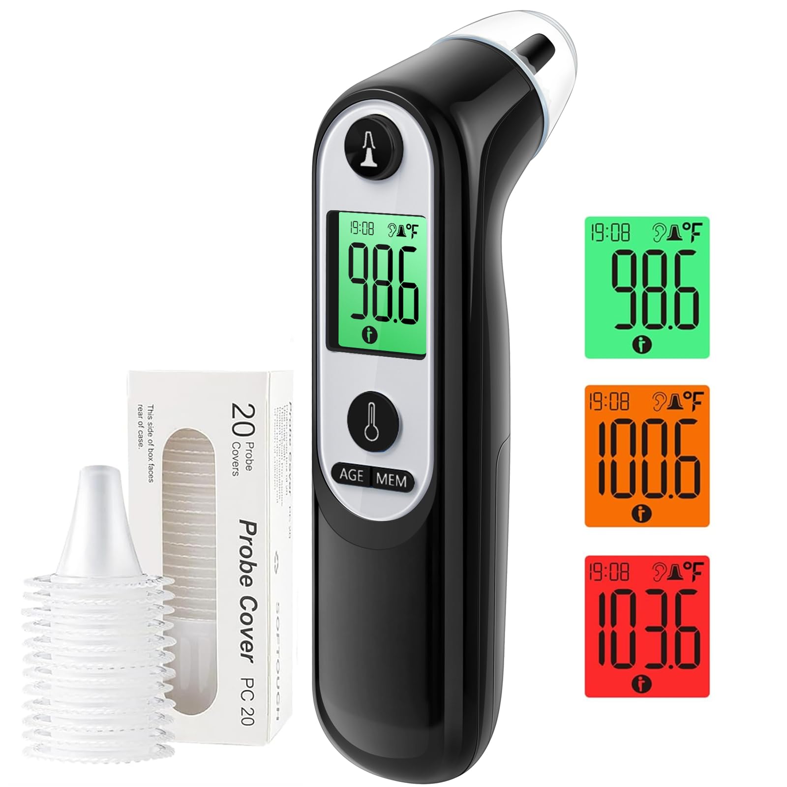 Ear Thermometer for Kids, Babies and Adults, 1 Second Accurate Digital Thermometer, Mute Function, 3-Color Fever Alert, 3 Age Groups, 30 Memory Recall with 20x Probe Covers (Dark Black)ClimatePartner certified