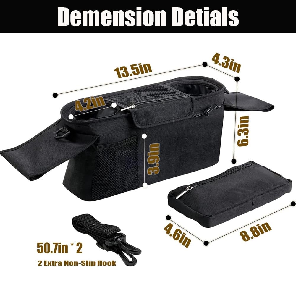 PAIKIUU Pram Organiser Bag Pushchair Organiser Buggy Organiser Bag Stroller Organiser Bag with 3 Insulated Cup Holder Zippered Pocket Adjustable Shoulder Strap for Any Pram Handlebar - Image 3