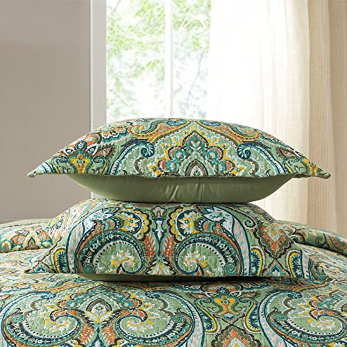 NEWLAKE Cotton Bedspread Quilt Sets-Reversible Patchwork Coverlet Set, European Green Floral Pattern, King Size