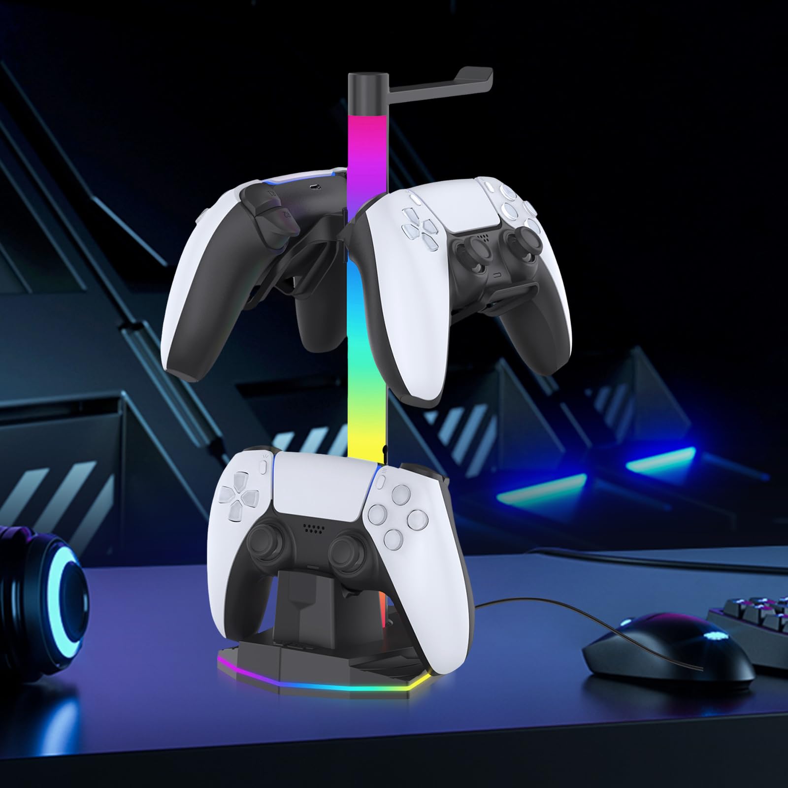 Estación de Carga Doble para Plystation 5/4 con Soporte para Mando, con 2 Puertos USB, iluminación RGB y Accesorios compactos para Ahorrar Espacio y organizar tu Consola