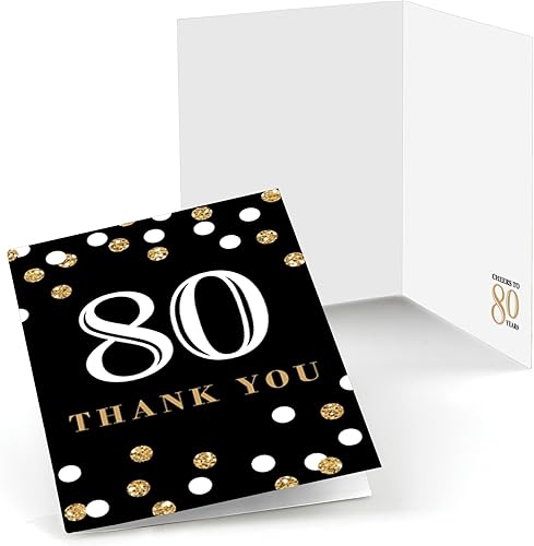 Big Dot of Happiness Tarjetas de agradecimiento para adultos de 80 años, color dorado, para fiestas de cumpleaños (8 unidades)