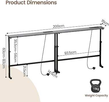 2 Pack Slim Console Table, 200cm Height Adjustable Behind Sofa Table with Charging Station for Hallway, Entryway, Living Room, Grey