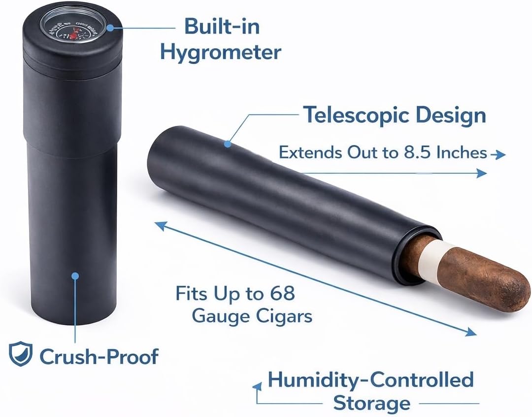 2 Black Single Cigar Airtight Storage Travel Tubes Telescoping Crush-Proof Humidor Holder with Built in Hygrometer,2 Count (Pack of 1)
