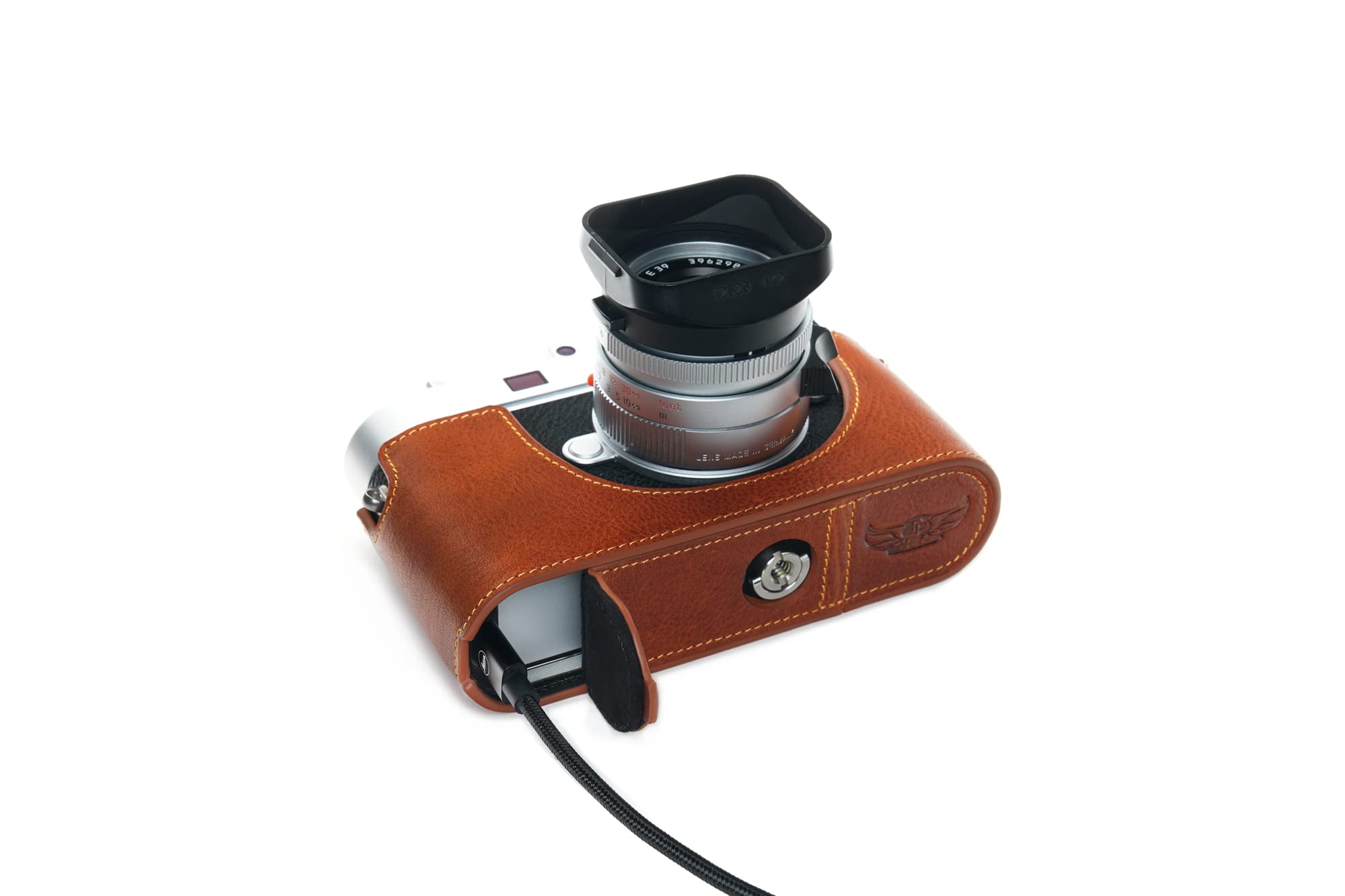 Halbkameratasche Für Leica M11 – Echtes Leder, Schwarz Mit Weißen Nähten