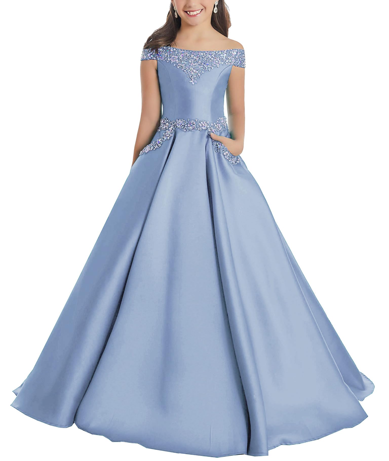 Junguan Flower Girls Off The Shoulder Pageant Dresses Long Princess Birthday Formal Party Ball Gowns Aline with Pockets
