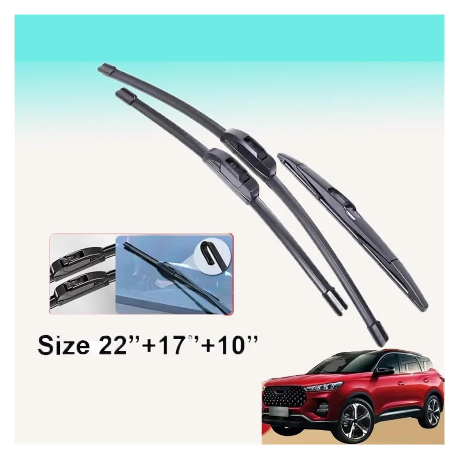 zestaw wycieraczek samochodowych Pasuje do Chery Tiggo 7 Pro 2021 2022 2023 22"+17"+10" 3 szt. wycieraczek samochodowych przód tył szczotki tnące wkłady do wycieraczek
