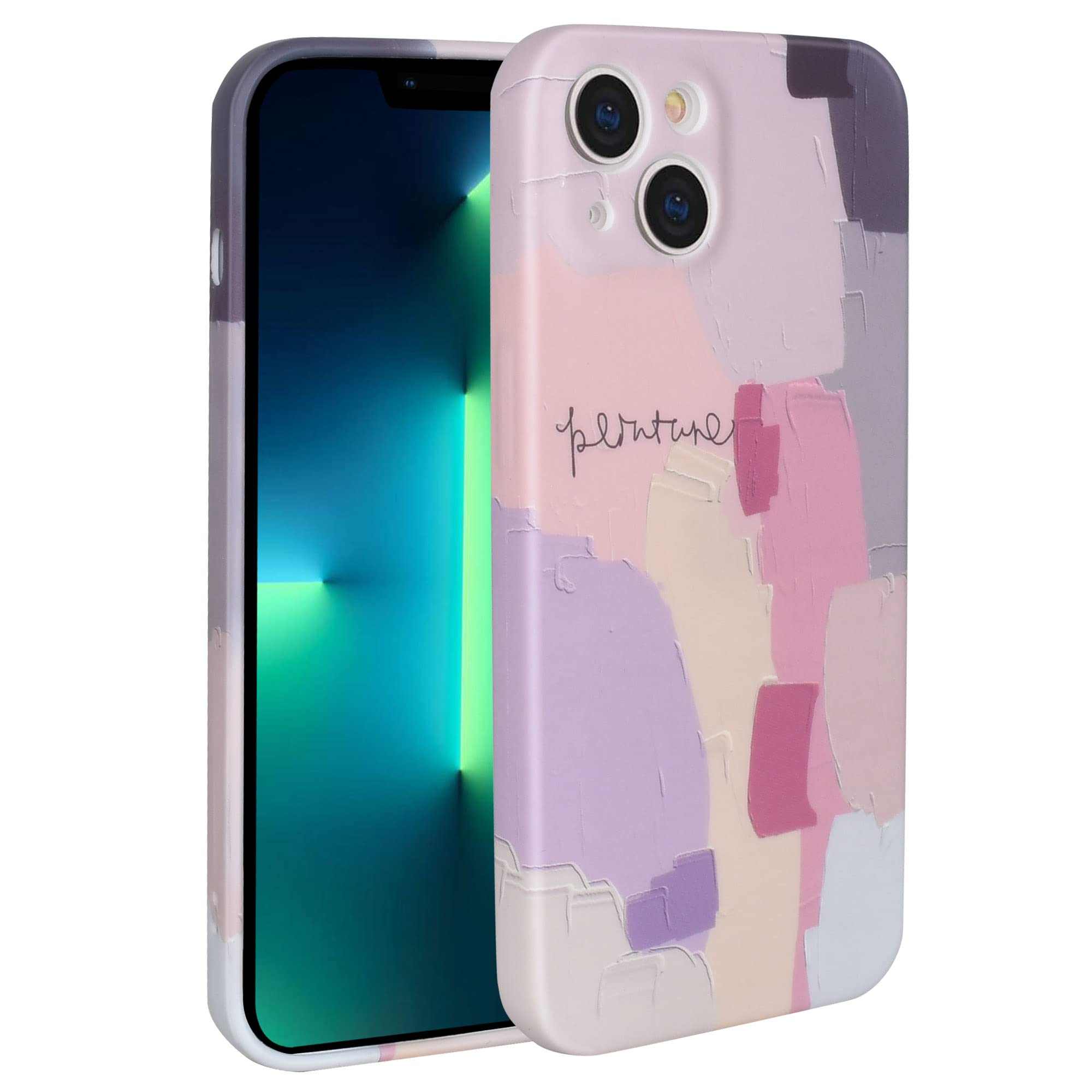 WMCODMW Case for iPhone 13 [6.1 Inch] Cute Phone Liquid Silicone Gel Case with Camera Cover for Girls Girly Protective Shockproof Soft Thin Slim Morandi Pattern, Pink Painting