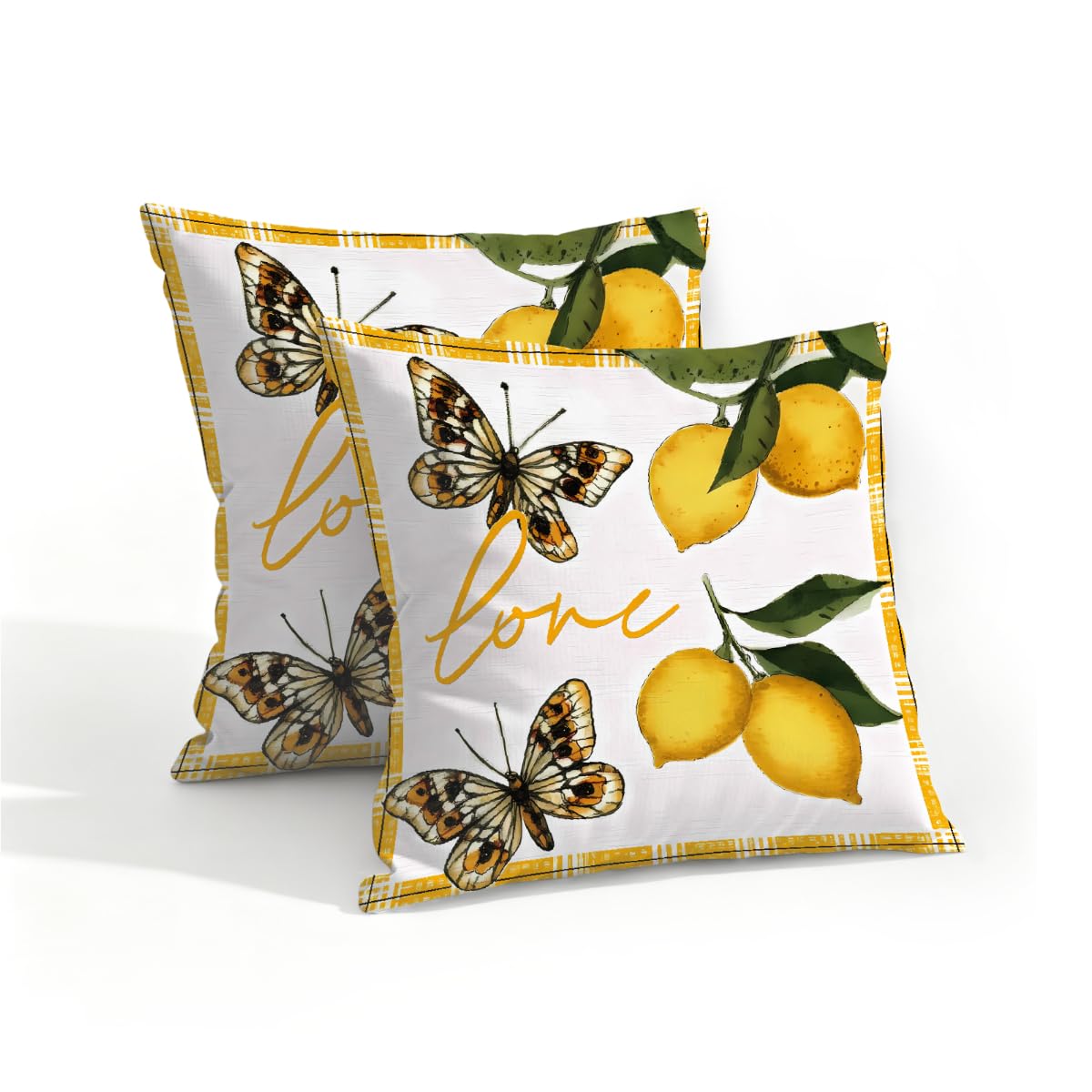 Outdoor Pillow Covers Waterproof Pillowcases 16x16in Set of 2 Yellow Lemons Butterfly Decorative Throw Cushion Case for Couch Sofa Garden Patio Furniture