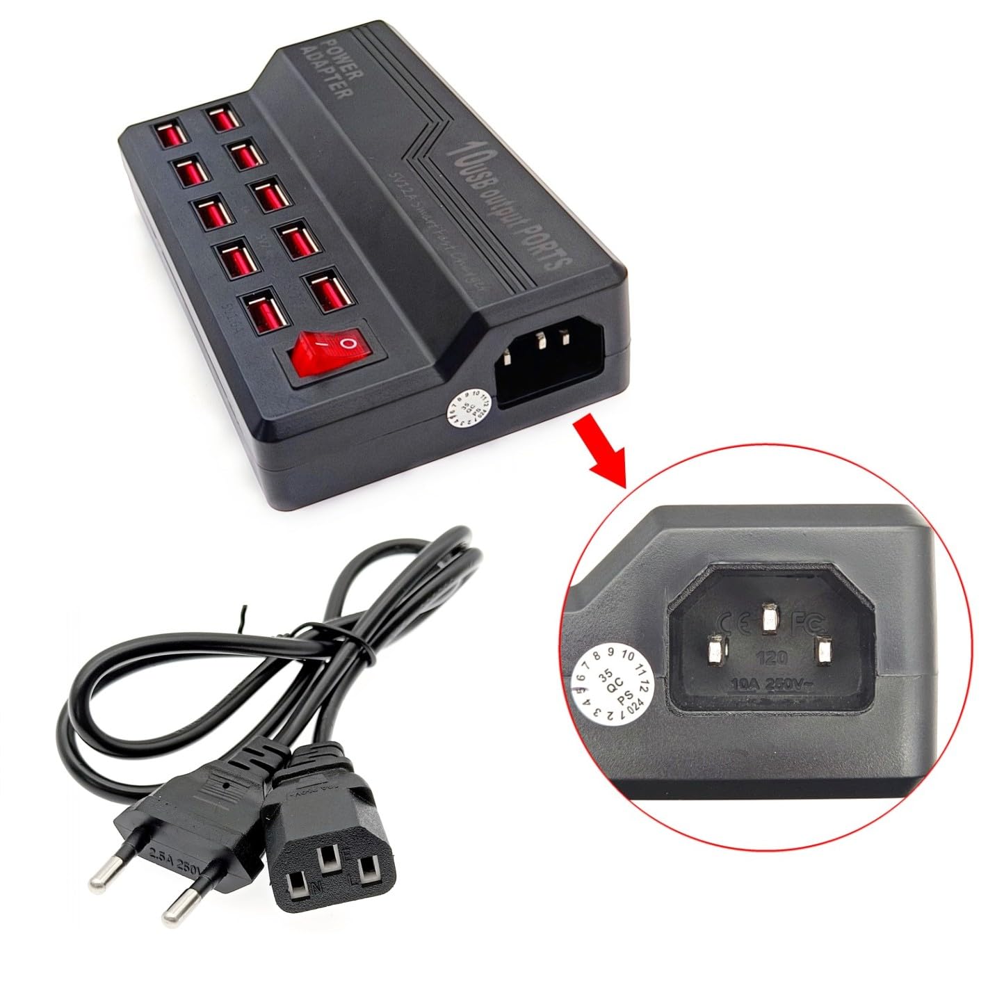 Caricatore USB multiplo a 10 porte, 50 W USB maschio Multi Hub stazione di ricarica multiplo adattatore Kmpatibel con Samsung Xiaomi Huawei Tablet