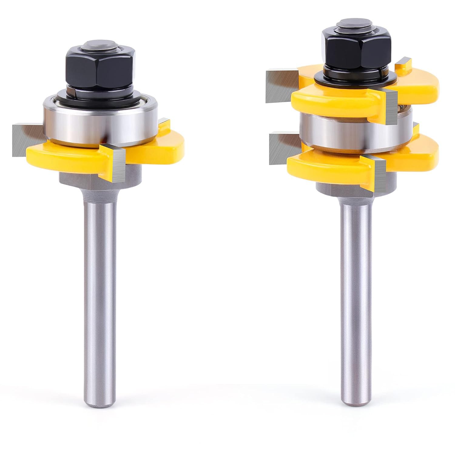 Yueqing Zhongji Tongue and Groove Router Bit Set 2 Pieces 1/4 Inch Shank-6.35MM Shank Slot depth 1/4" Slot height 1/4" 3 Teeth Adjustable T Shape Milling Cutter 1/4Inch Cutting Depth 1-3/8 Cutting Dia