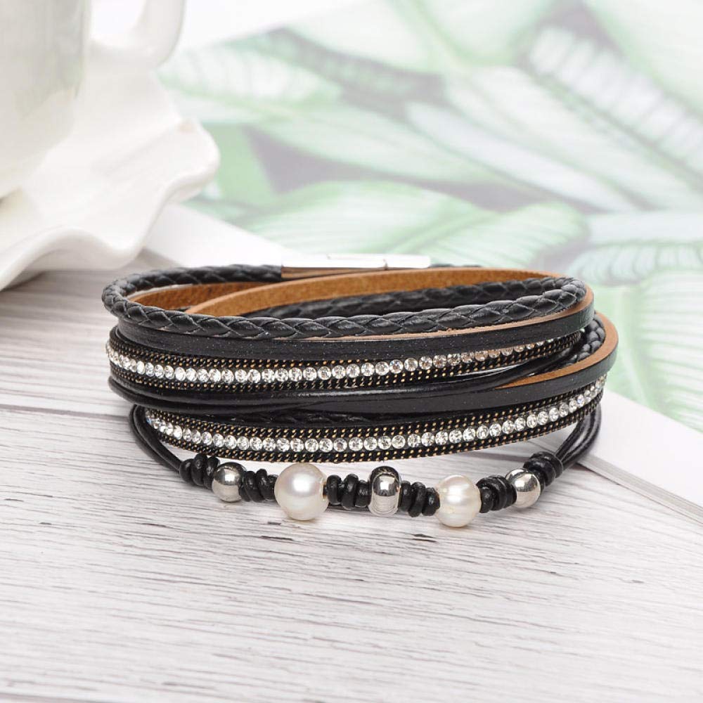 Pulsera de Cuero para Mujeres, Pulsera de Cuero Retro de múltiples, Pulsera de Perlas de Agua Dulce Negra, Pulsera de Hebillas de Hebilla, Pulsera Damas de Doble Anillo Multicapa Accesorios de Ropa