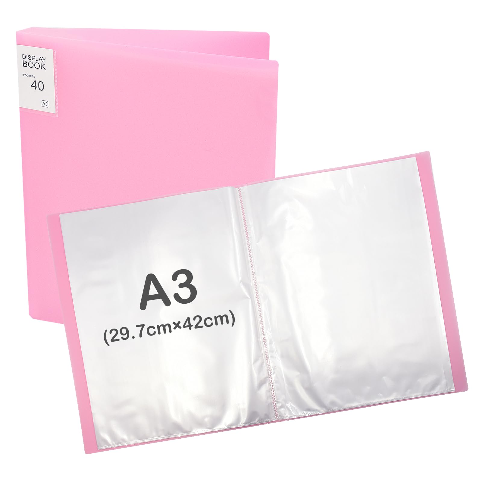 Aolkee A3 Folder, Paper Storage, A3 Art Folder with 40 Pocket Presentation Folder Plastic for Display, Certificate, Painting, Artwork (Pink)