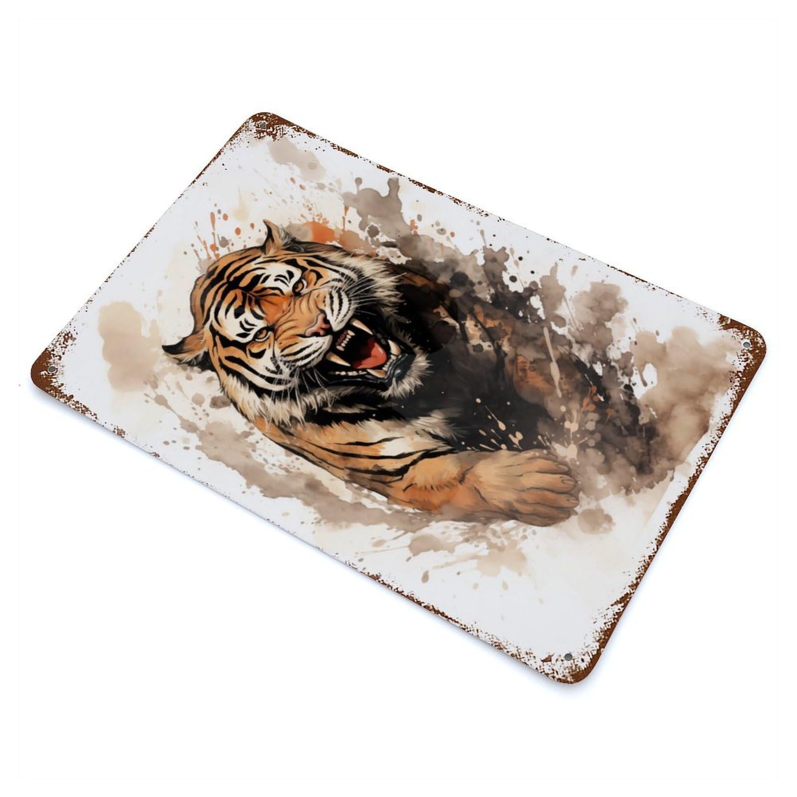 Distressed Metal Wall Sign with Tiger Watercolor Design 11.8"x7.9", for Living Room, Hallway And Home Decor, Vintage Wall Decor
