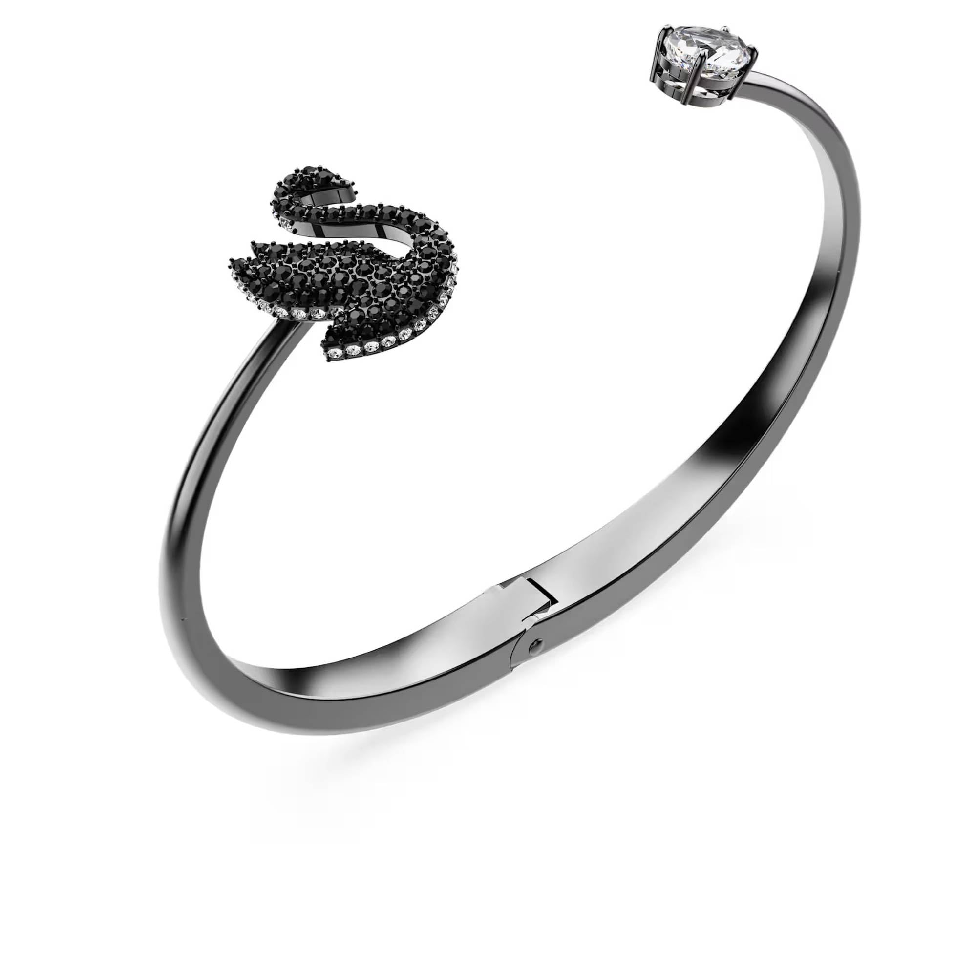 Swarovski Swan Ruthenium überzogener Armreif für Damen, Größe M, Schwarz, Medium, Kristall, Kein Edelstein