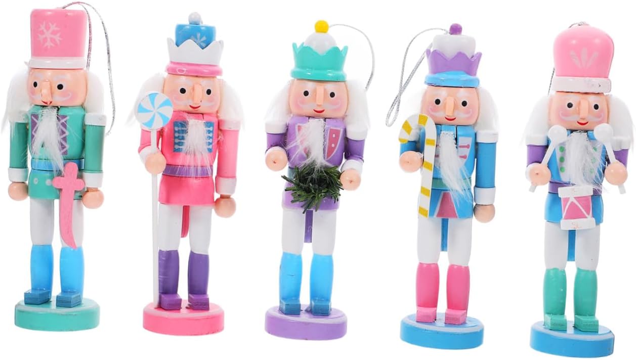 5pcs Wooden Nutcracker Ornaments Set, Small Macaron Color Nutcracker Pendants, Handcrafted Wood Xmas Decorations for Christmas Tree and Holiday Table Display