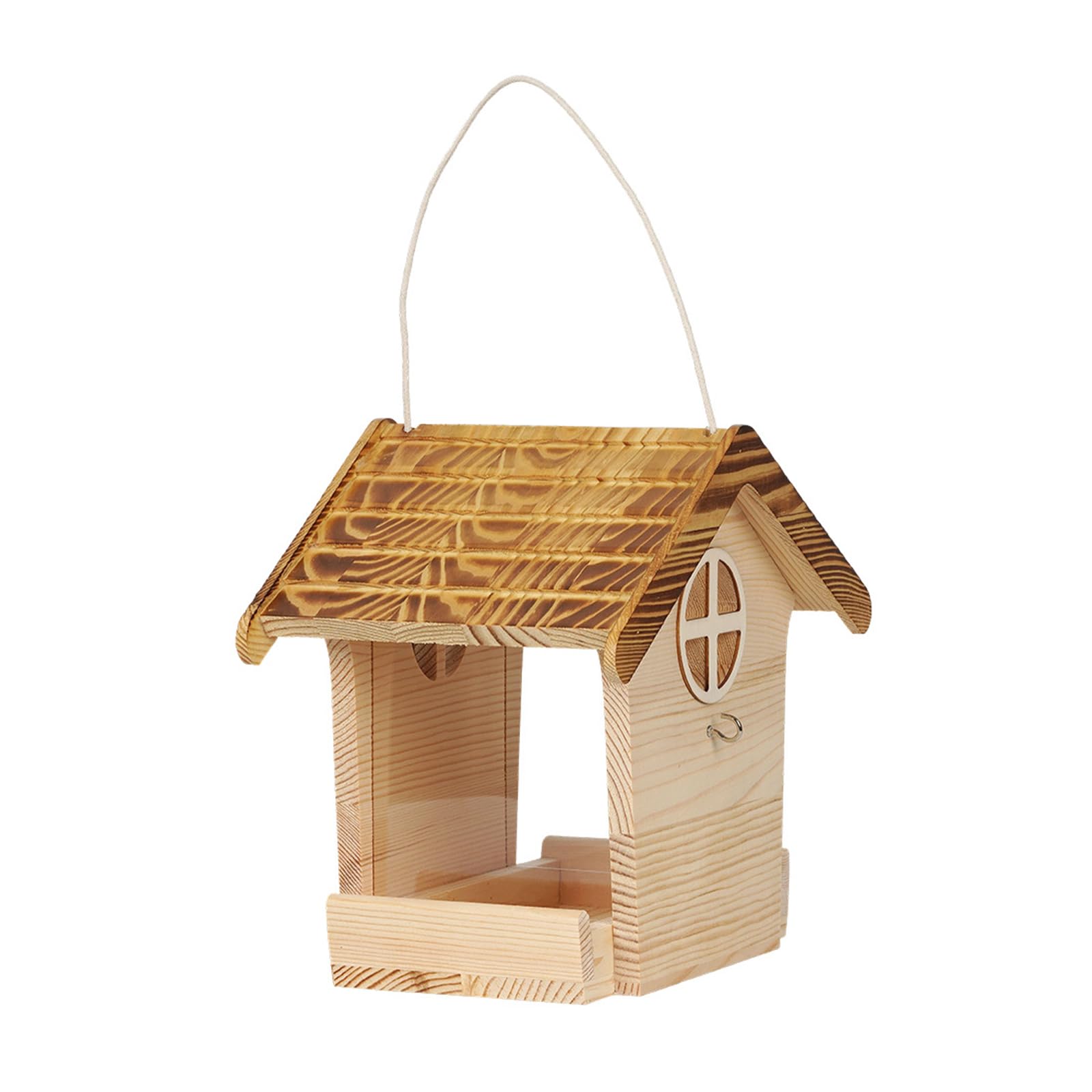 Decorazione per mangiatoia per uccelli da patio, casetta per mangiatoia per uccelli da esterno in legno con vassoio accesso aperto, finitura in legno naturale e ramo un albero o display da