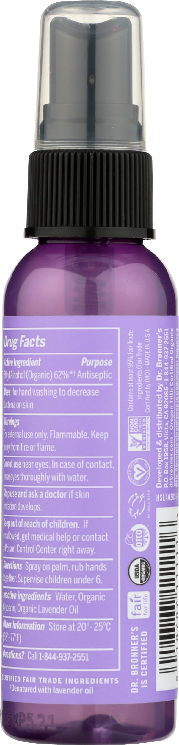 Dr. Bronner's Spray Detergente Mani Bio senz'acqua, Lavanda, 60 ml