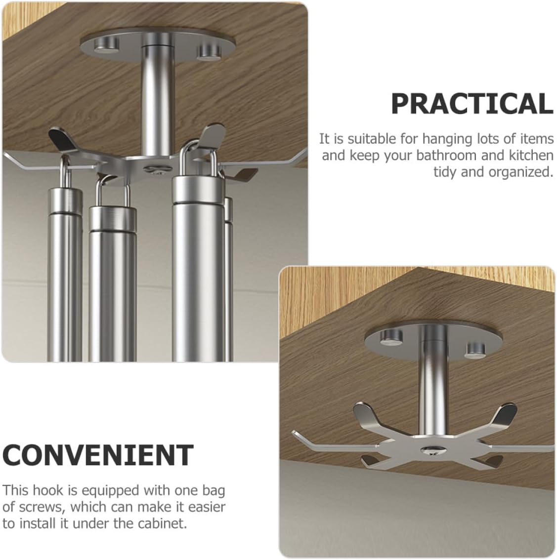 304 Stainless Steel Kitchen Rotating Hooks 360° Swivel Heavy Duty Utensil Hangers for Cabinet Storage, 2pcs Multi-Functional Wall Mount Cookware Organizer