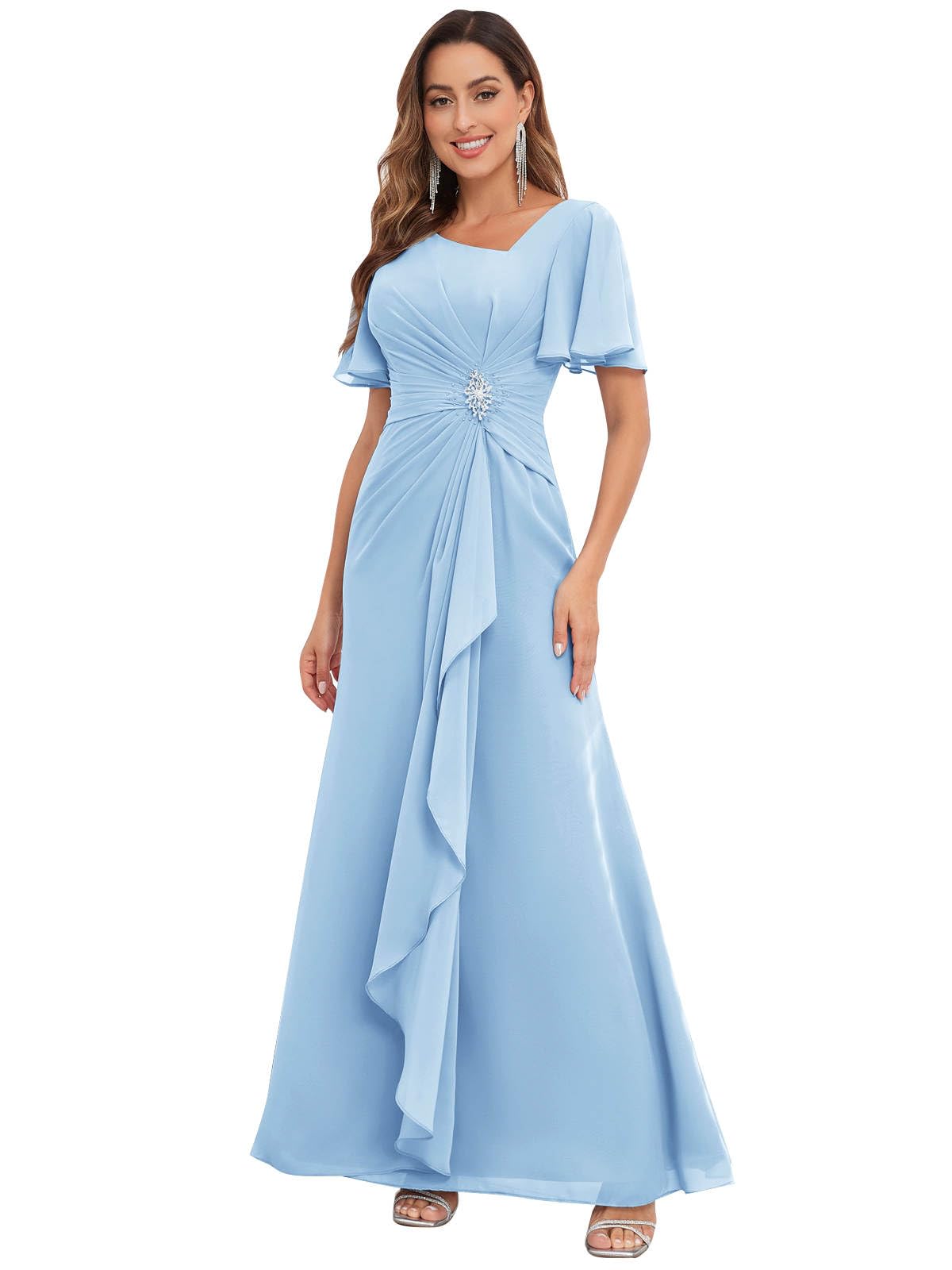 HANVAIOS Mother of The Bride Dresses for Wedding Long Chiffon V-Neck Formal Dress with Sleeves