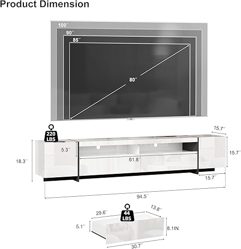 Miniatura 2 de Moderno soporte de TV para televisor de 85, 90 y 100 pulgadas, centro de entretenimiento de 94.5 pulgadas con luces LED y tomas de corriente,
