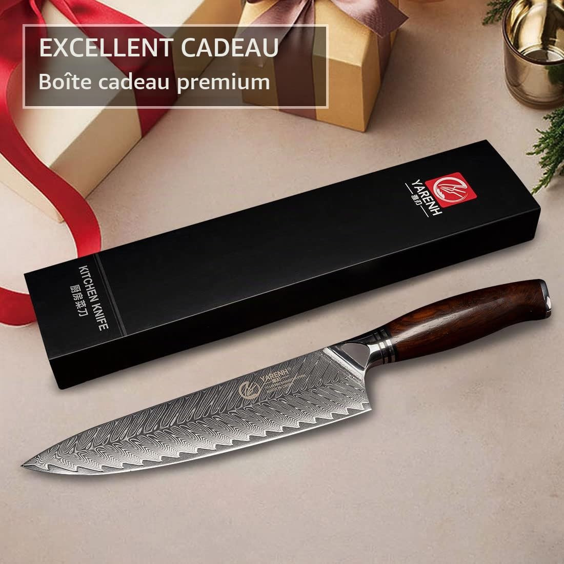 YARENH Couteau de Chef 20.5 cm, Couteaux de Cuisine Professionnel Full Tang, Acier Damas 73 Couches avec Manche en Bois de Santal, Couteau de Tranchage Utilitaire Cuisine, Avec Fourreau en Bois