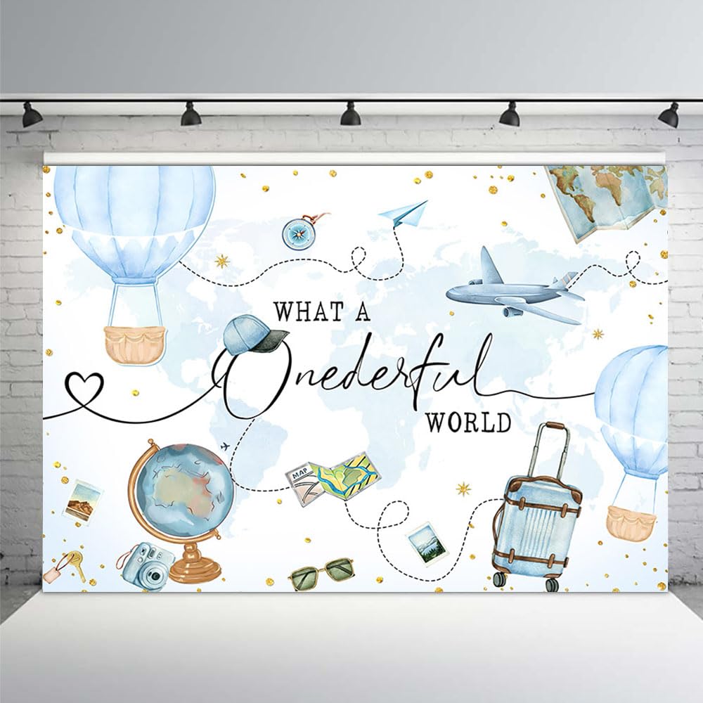 MEHOFOND Travel Theme Boy 1st Birthday Backdrop What a Onederful World Blue Adventure Begins Airplane Photography Background Boy Birthday Party Photo