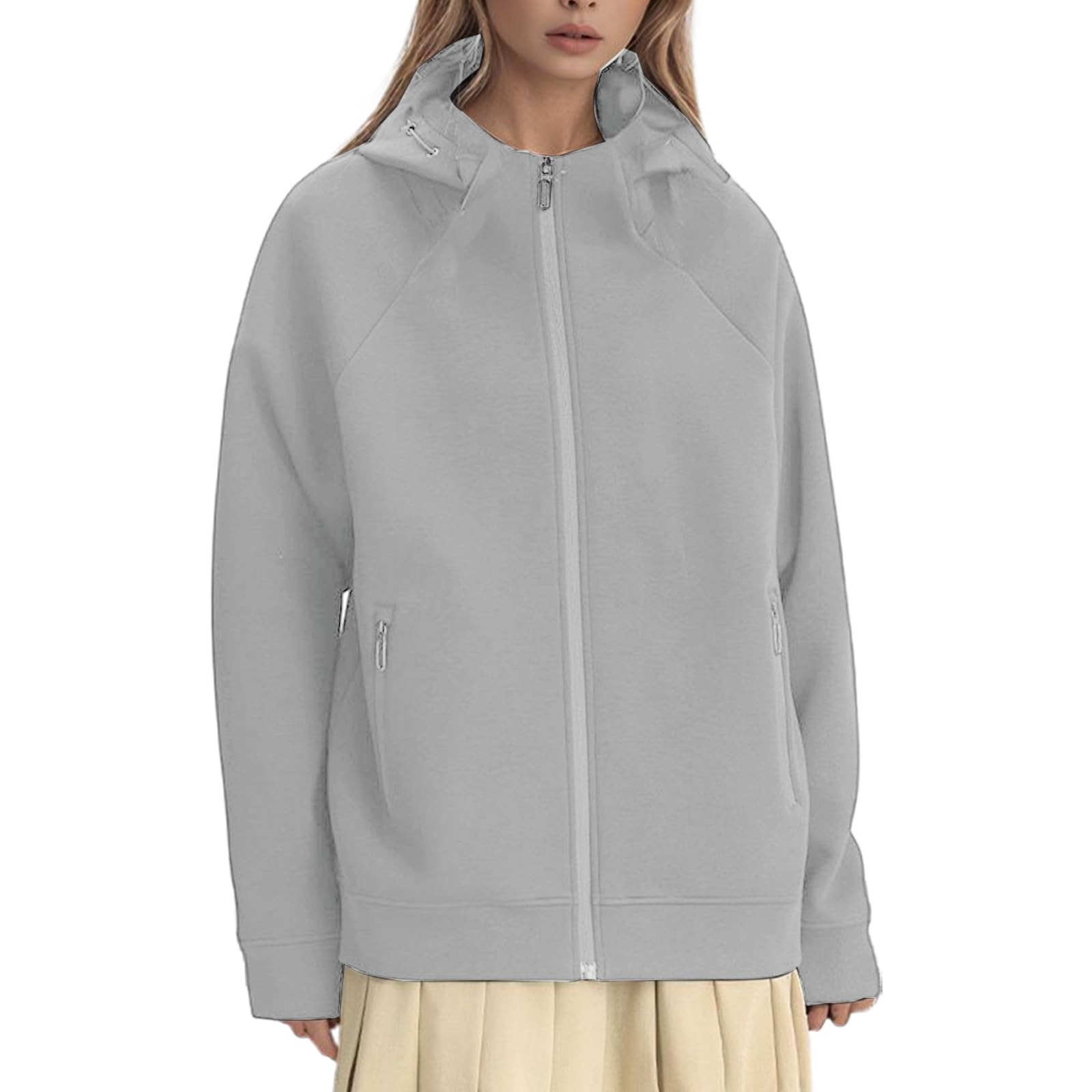 Damen-Arbeitsjacke mit langen Ärmeln Damen-Lederjacke in Übergröße mit Reißverschluss Kapuze aus weichem Fleece Oversize-Pullover für Herbst und Winter lässige Oberbekleidung im Streetwear-Stil