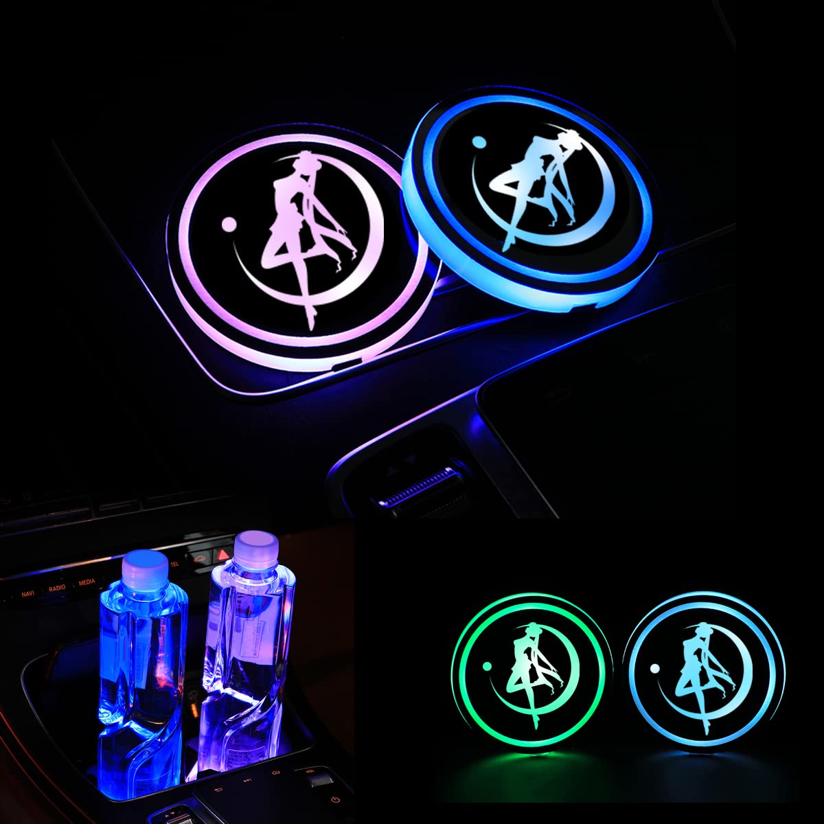Cup Holder Lights for Sailor Moon LED Cup Coaster Pad Fit Sailor Moon Car Accessories (2PC) - 