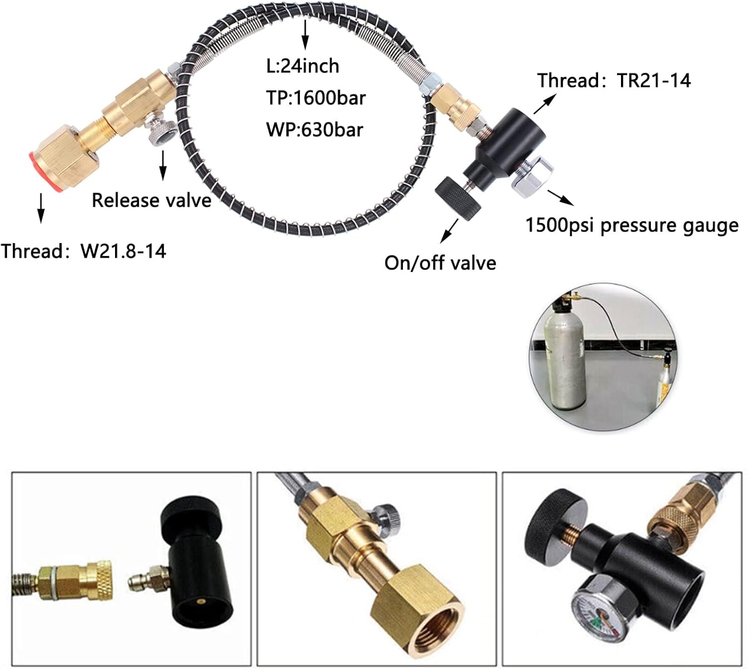 CO2 Refill Adapter Cylinder Refill Adapter Hose with Pressure Gauge Hose W21.8-14 Connection for Sodastream Tanks Soda Maker for Filling