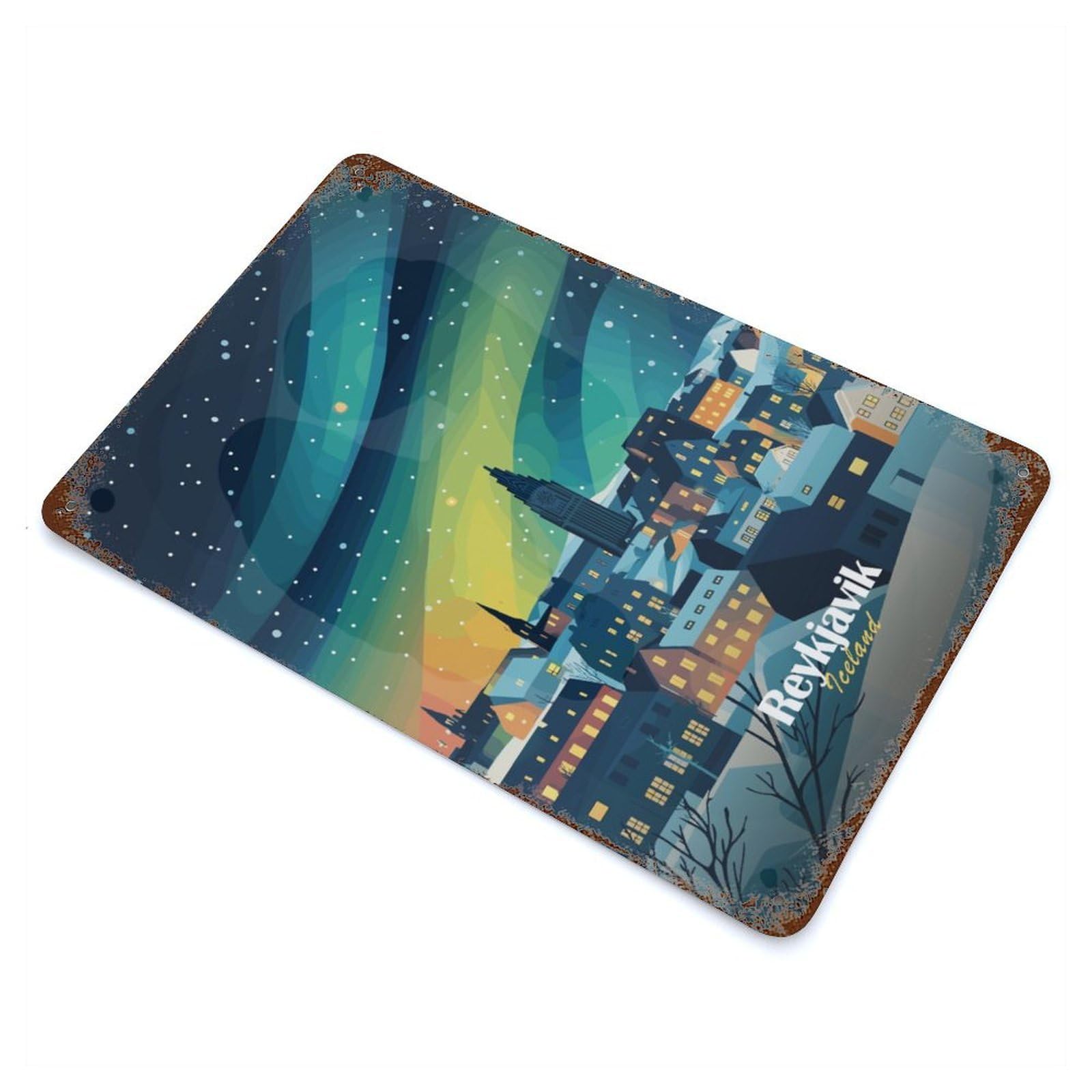 Reykjavik Northern Lights Decorative Tin Sign 11.8"x7.9", Old School Wall Decor for Garage, Pub Or Kitchen