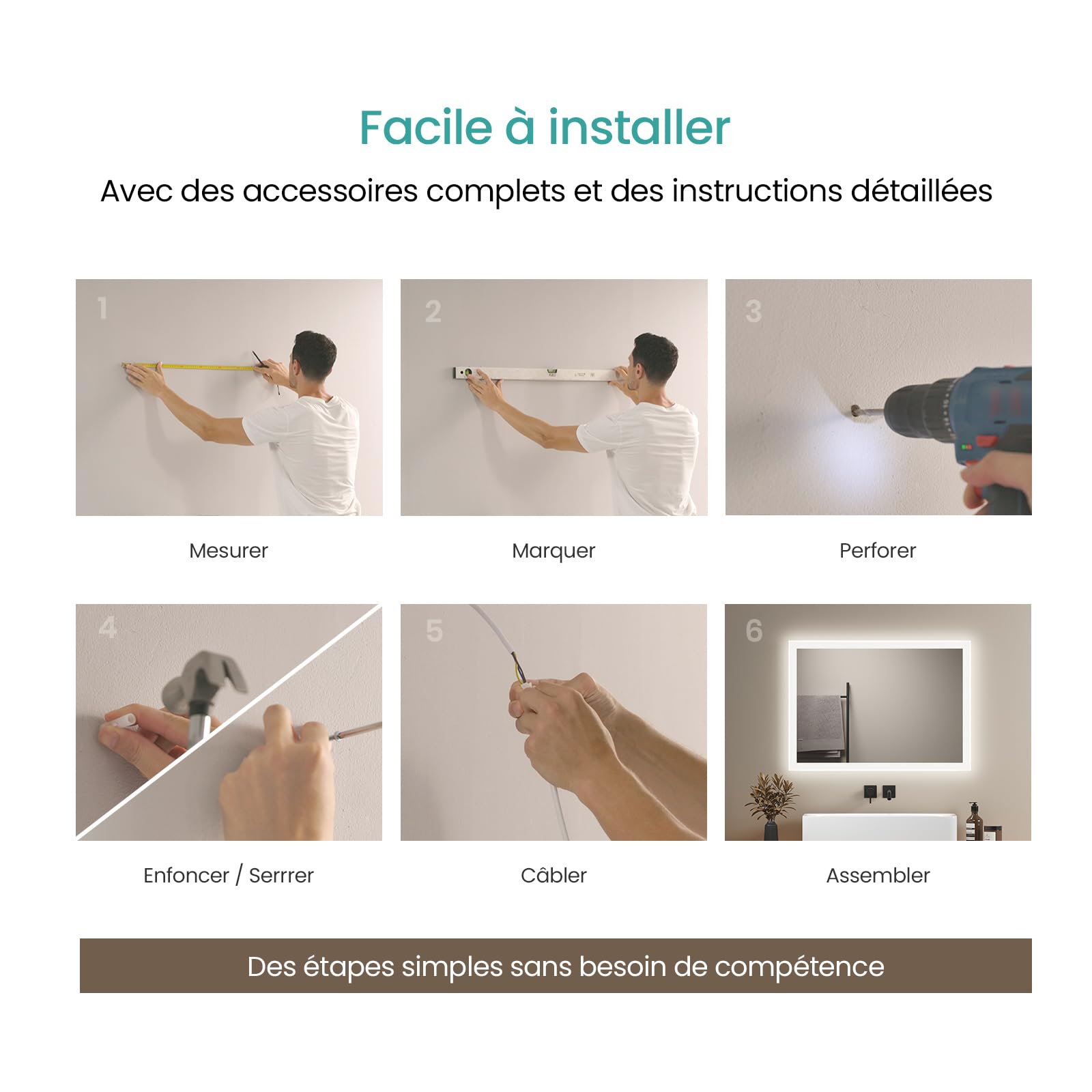 EMKE Miroir Salle de Bain LED Rectangulaire 50x70 cm Interrupteur Bascule | Miroir mural IP44 pour hôtel et maison,Antibuée,Pose verticale ou horizontale,2 couleurs 3000K/6500K