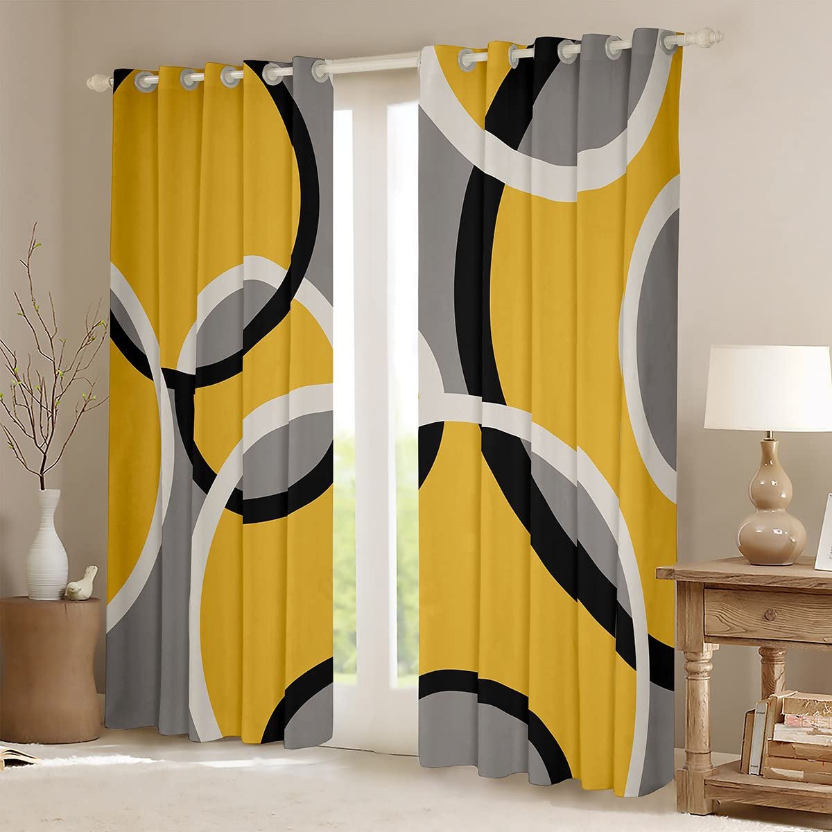 Tende geometriche a cerchio per camera da letto soggiorno giallo grigio bianco geometria tende oscuranti (30%-50%) linea a righe Dreapes arte moderna trattamenti per finestre