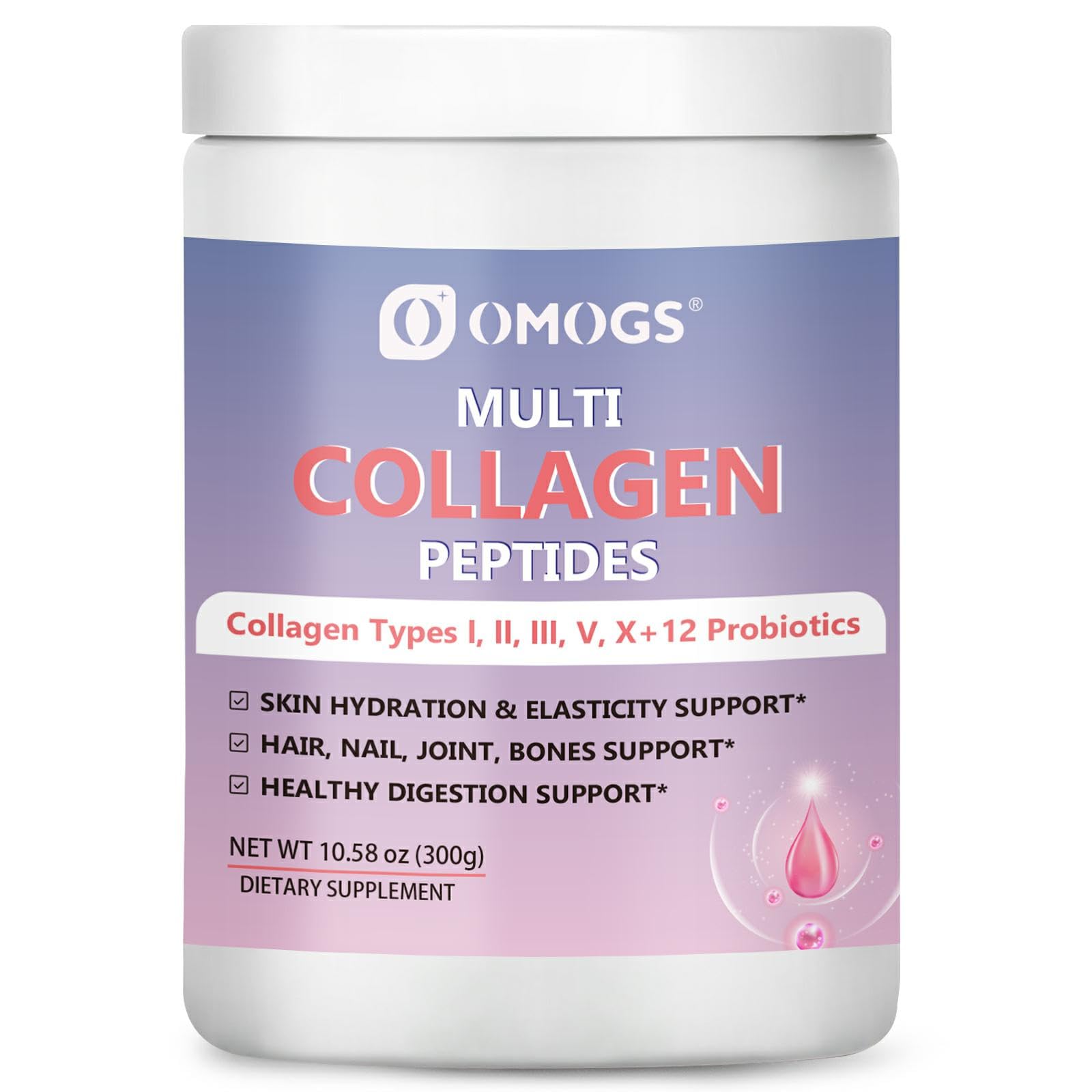 OMOGS Hydrolyzed Collagen Peptide Powder with Prebiotics Vitamin C Cranberry Extract Support Hair Skin Nails Bones Digestive Urinary