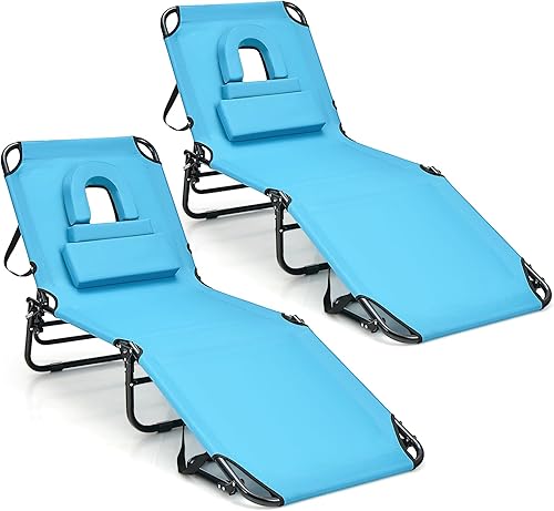 Miniatura 19 de Goplus Silla de bronceado, silla de playa plegable con agujero facial, almohada extraíble, correa de transporte, posición ajustable, silla