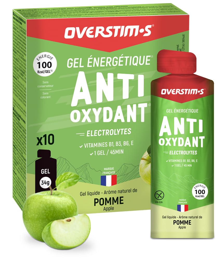 Overstim.s - Gel Antioxydant (10 sachets) - Gel énergétique pour le sport - Limite les crampes - Energie durable - Electrolytes (magnésium, sodium) - Réduit la fatigue - 100 kcal/gel - Pomme Verte