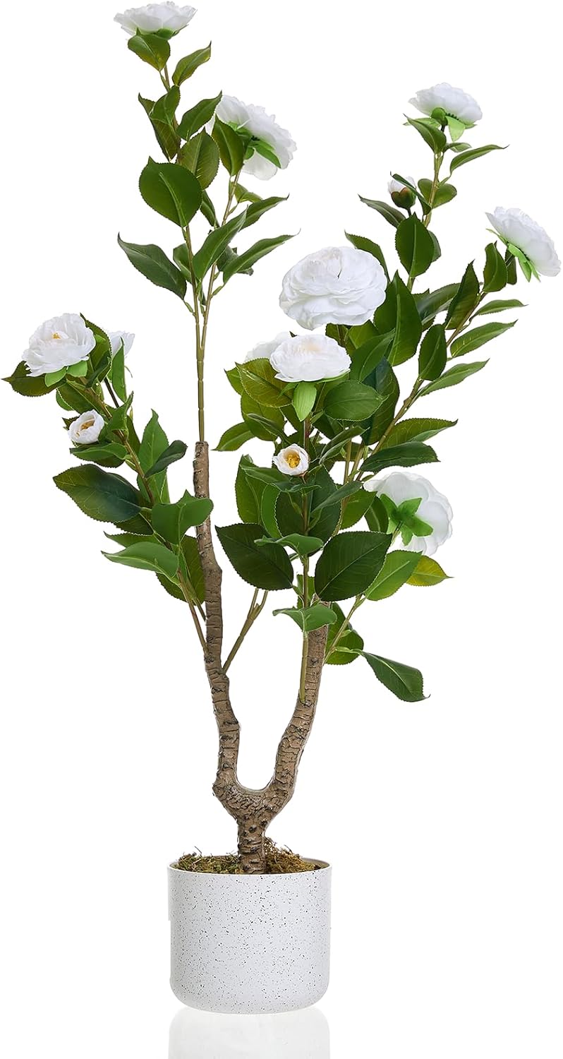 3FT White Camellia Artificial Plants in Pots, Set of 2 – Lifelike Flower Trees for Indoor and Outdoor Decor, Ideal for Weddings and Events