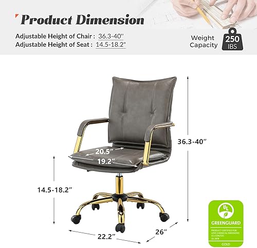 Miniatura 2 de HULALA HOME Silla de escritorio de piel sintética para oficina en casa, silla giratoria ajustable para computadora con patas y brazos dorados,