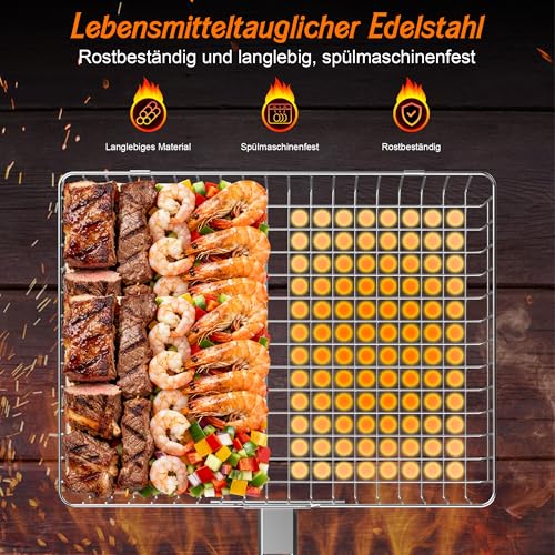 Grillkorb Edelstahl, 2 Stück in Groß und Klein, Fisch Grillhalter mit 1 Abnehmbarem Holzgriff, Camping, Kochen, Grillzubehör für Fleisch, Fisch, Gemüse, Geschenke für Männer, Vater, Ehemann