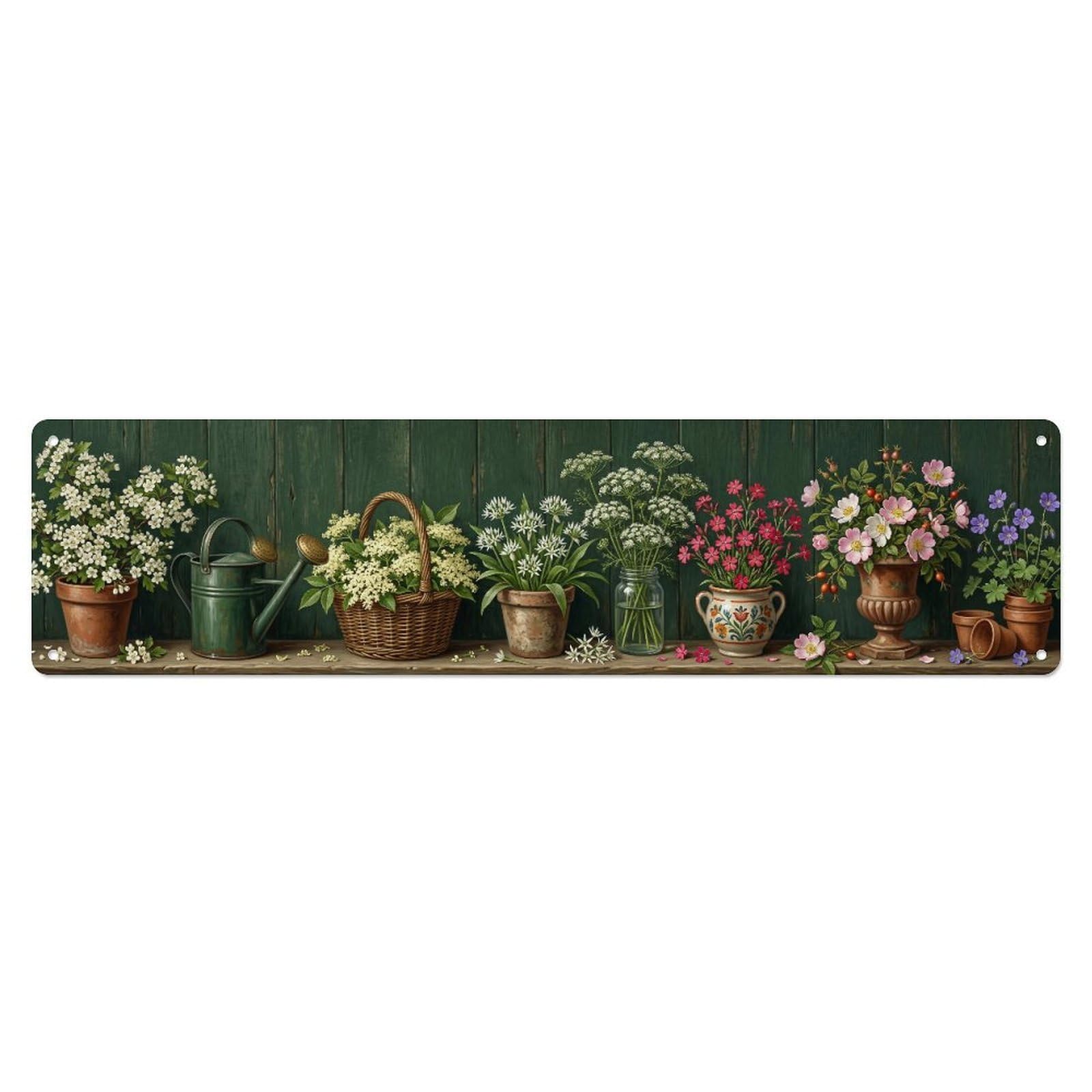 Fqnyr Style Metal Tin Sign Floral Garden Tools Wildflower Hedgerow Pattern Print