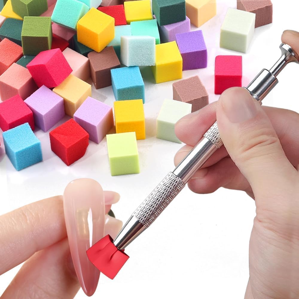 Bolt Bee OMBRE TOOL Nail Sponge Set with 1 Metal Grabber & 50 Pcs Mini Replaceable Sponge Blocks | Cube Picker Nail Art Tools for Ombre Nails,Gradient,Stamping Design | Multicolour Nail Accessories for DIY Nail Art