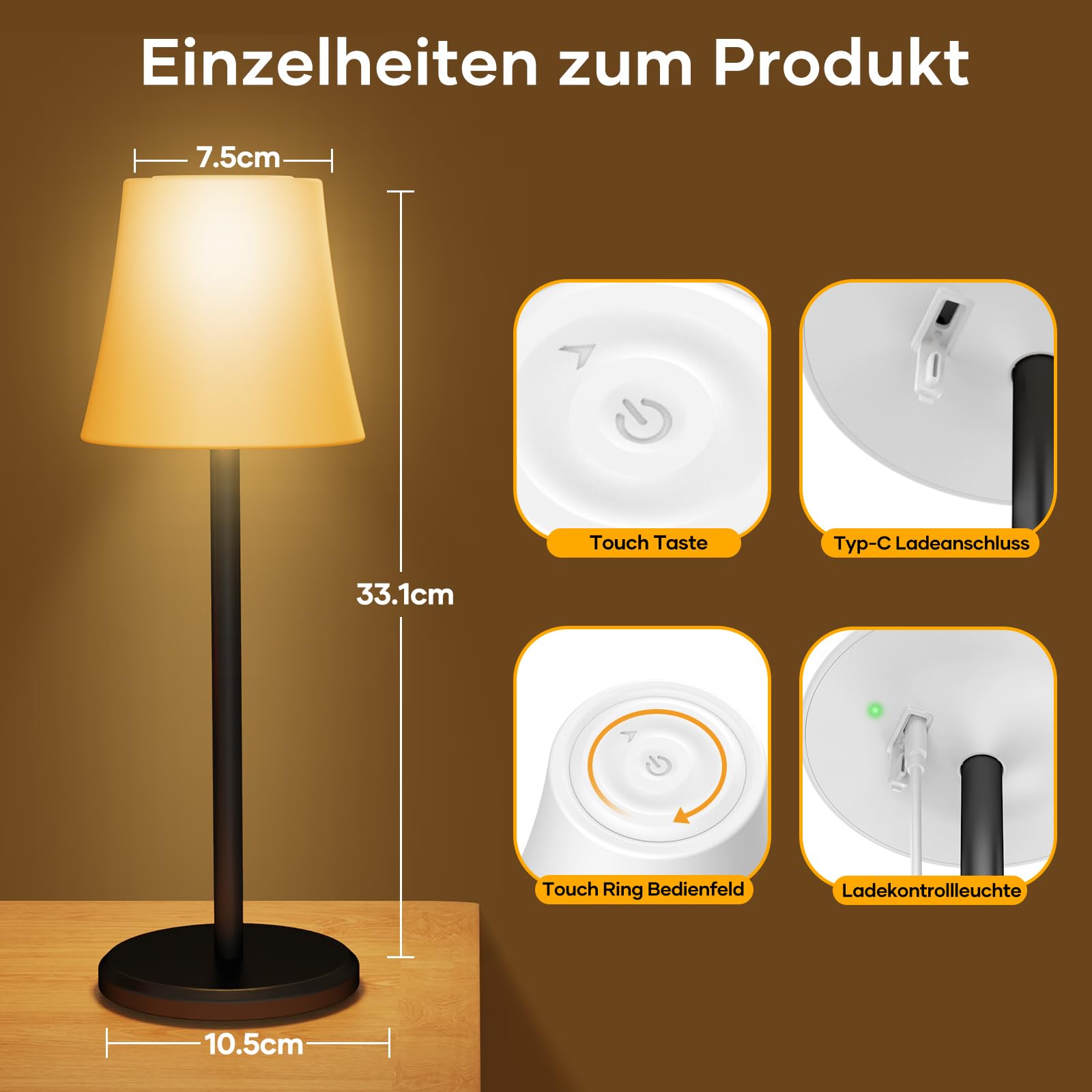 Suright 2 Stück Tischlampe Kabellos mit 3 Farbmodi und RGB Farben, Touch Control Dimmbar Aufladbar Akku Tischleuchte, IP54 Wasserdicht LED Tischlampe für Restaurant, Schlafzimmer, Party, Camping