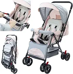 Carrinho de Bebê Reversível Passeio Runner até 15kg com Capota Retratil Reclinável Bandeja Cesto 4 Rodas Travas Cinto 5 Pontos e INMETRO (Rosa)