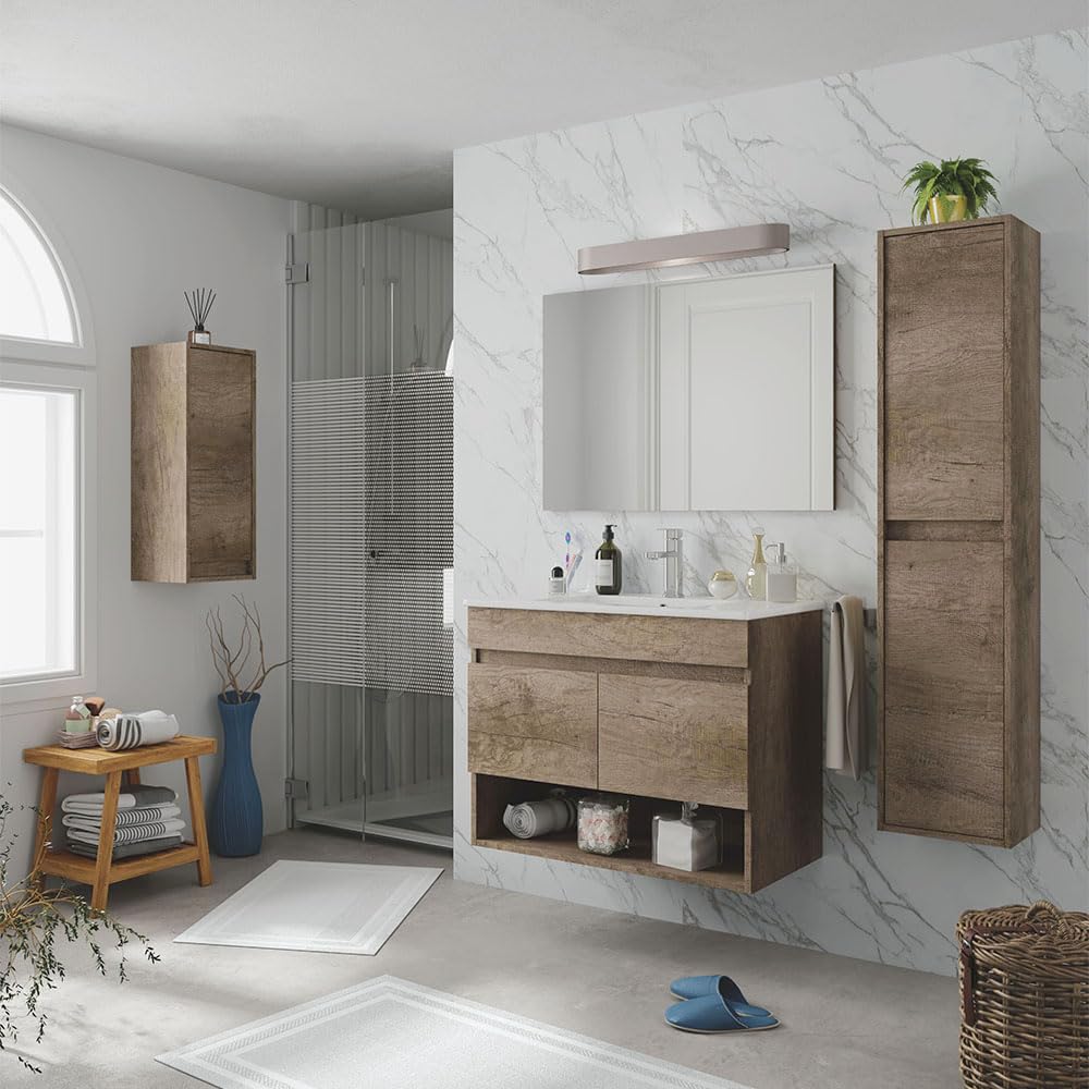 Inbagno Mobile bagno sospeso 80 cm, 2 ante e vano a giorno serie Oasi, colore rovere con venatura naturale, COMPLETO di lavabo in ceramica e specchiera