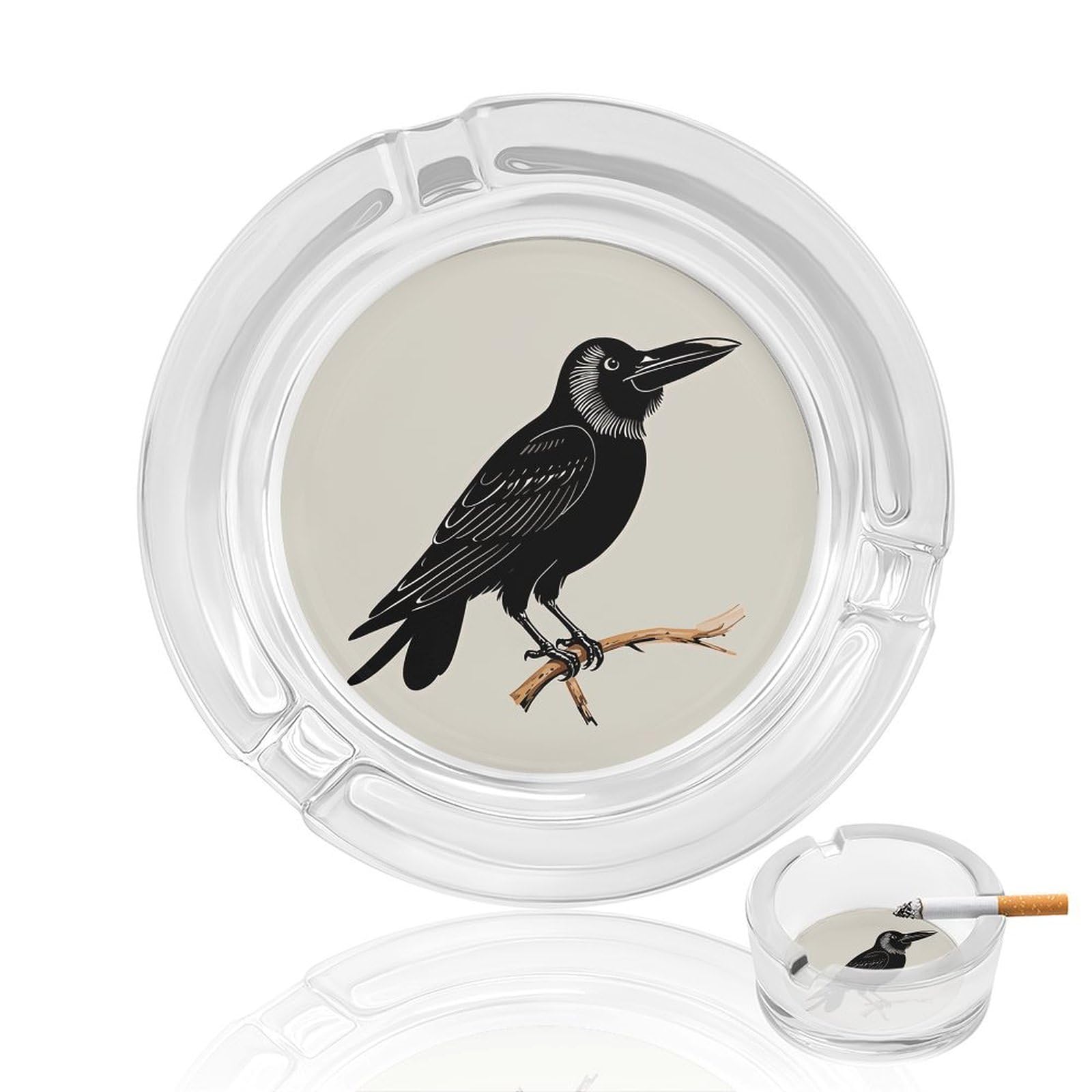 Cendrier en verre vintage avec une illustration de corbeau pour maison et bureau
